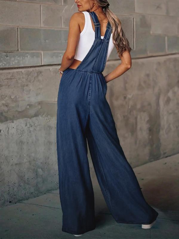 Women's Denim-Effect Print Plicated Wide Leg Overalls Jumpsuit
